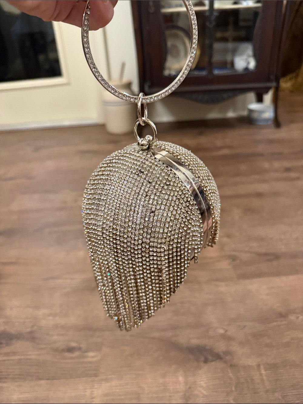 Crystal Fringe Bracelet Clutch in Silver